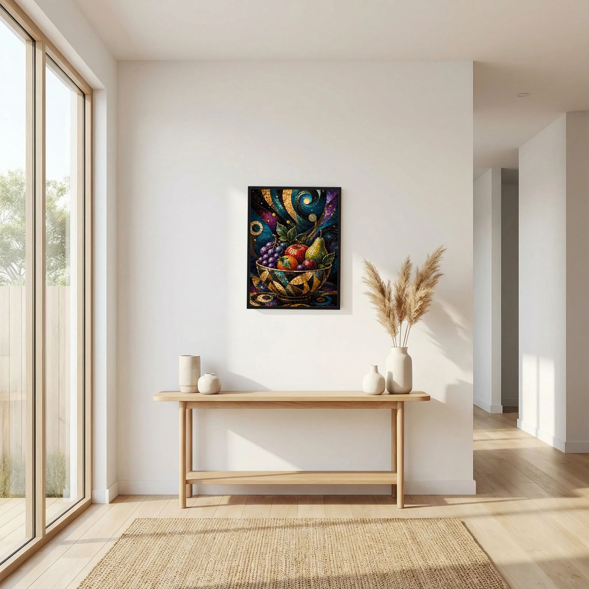 Hochformat-Poster mit bunter Obstschale im Mosaikstil und goldenen Verzierungen, schwarz gerahmt