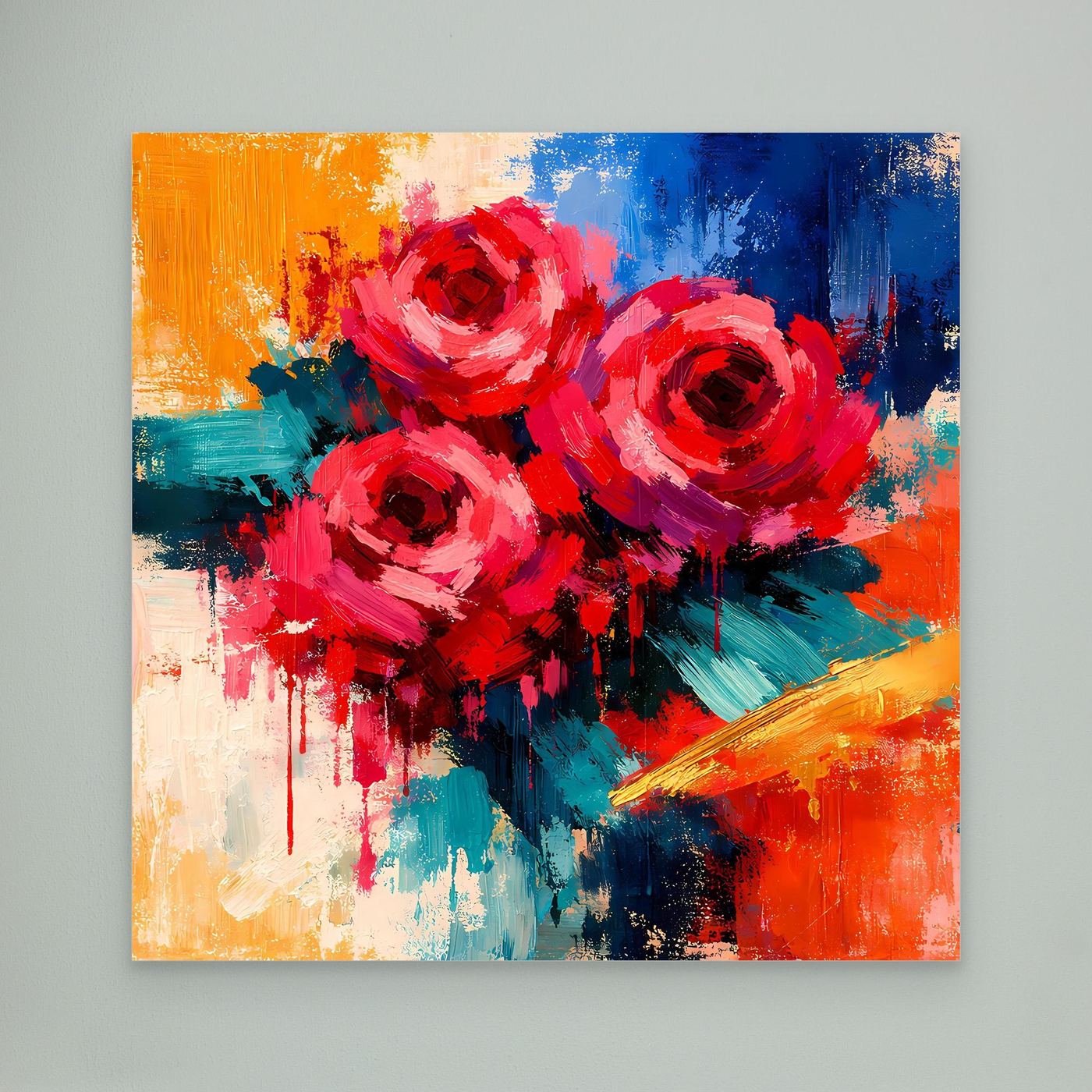 Abstraktes Leinwand-Wandbild mit roten Rosen, farbige Pinselstriche, ohne Rahmen