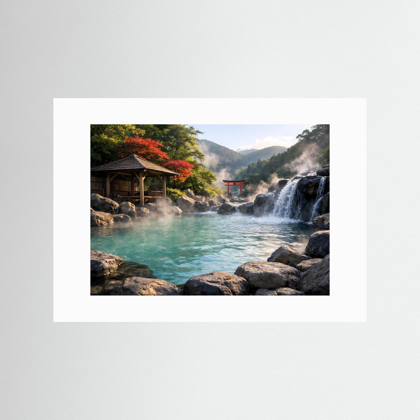 Wellness-Poster mit Torii, Wasserfall und türkisfarbenem Becken mit weißem Passepartout