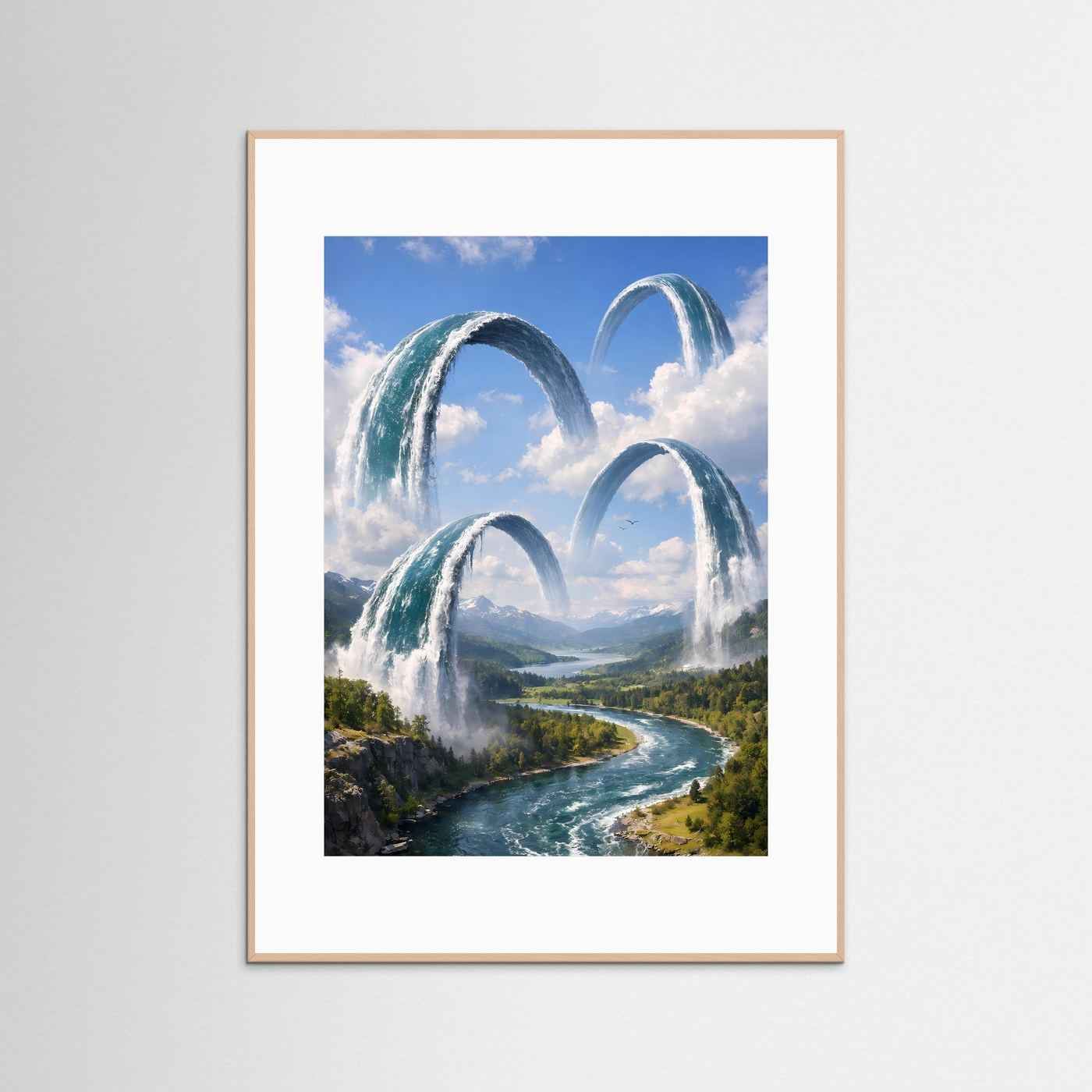 Kunstposter (Hochformat) mit Wasserbögen über Fluss- und Berglandschaft, roséfarbener Rahmen