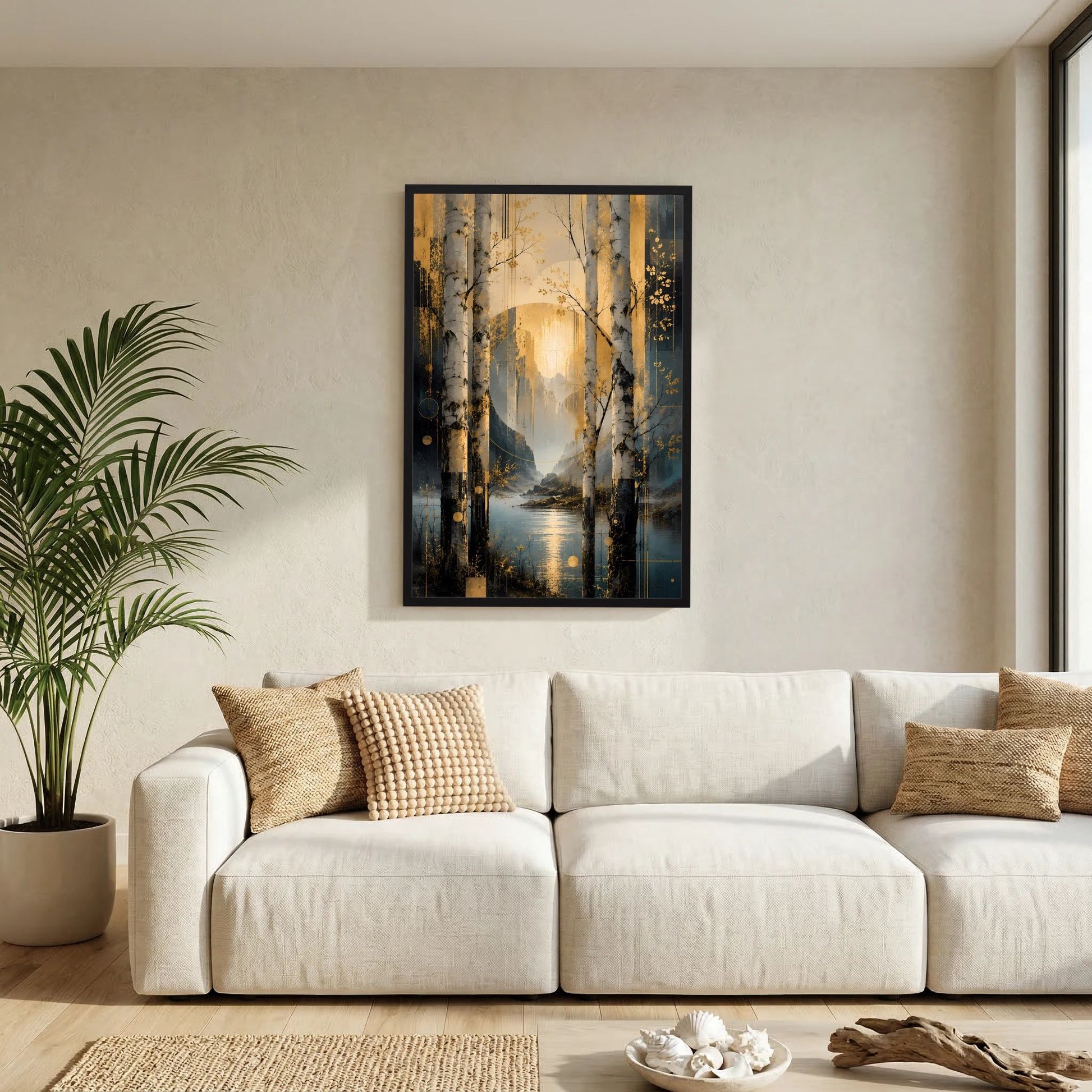 Hochformatiges Wandposter im schwarzen Rahmen mit abstrakter Birken-See-Landschaft, goldene Töne