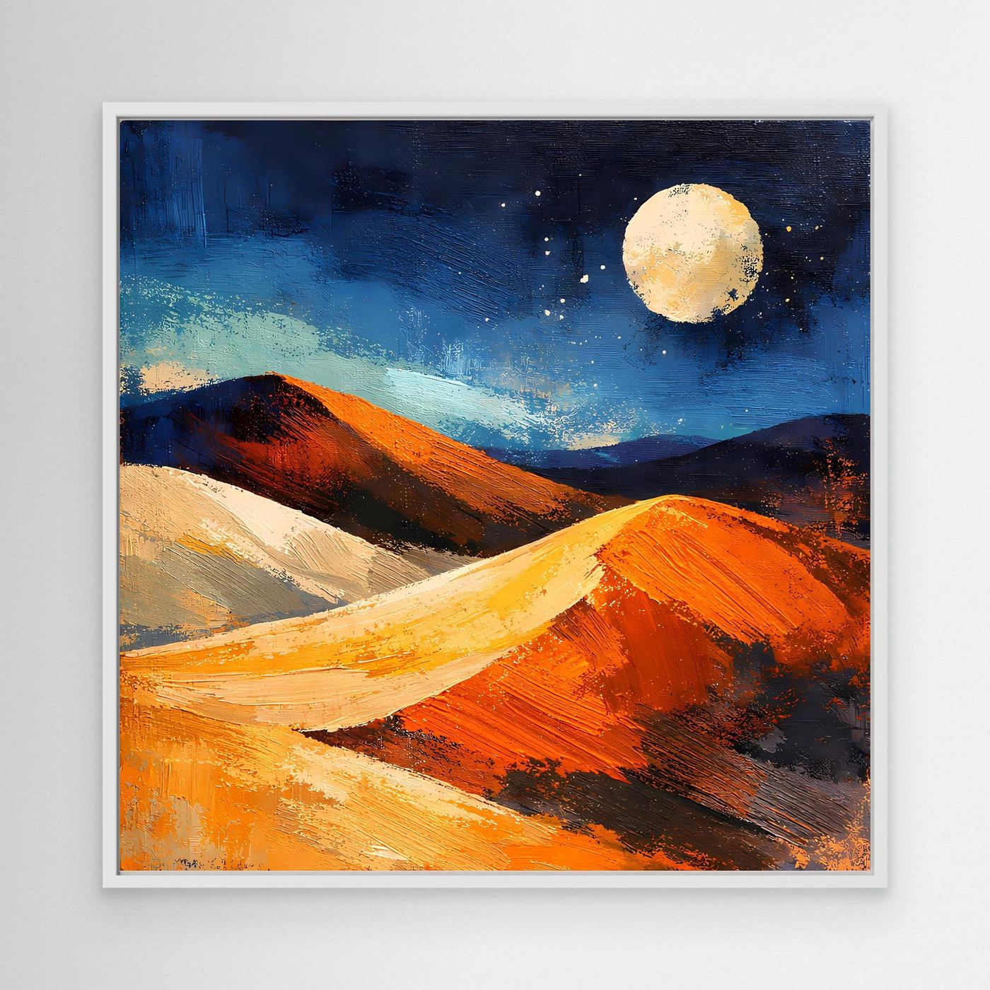 Abstract canvas wall art of moonlit desert dunes, blue and orange tones, in white frame