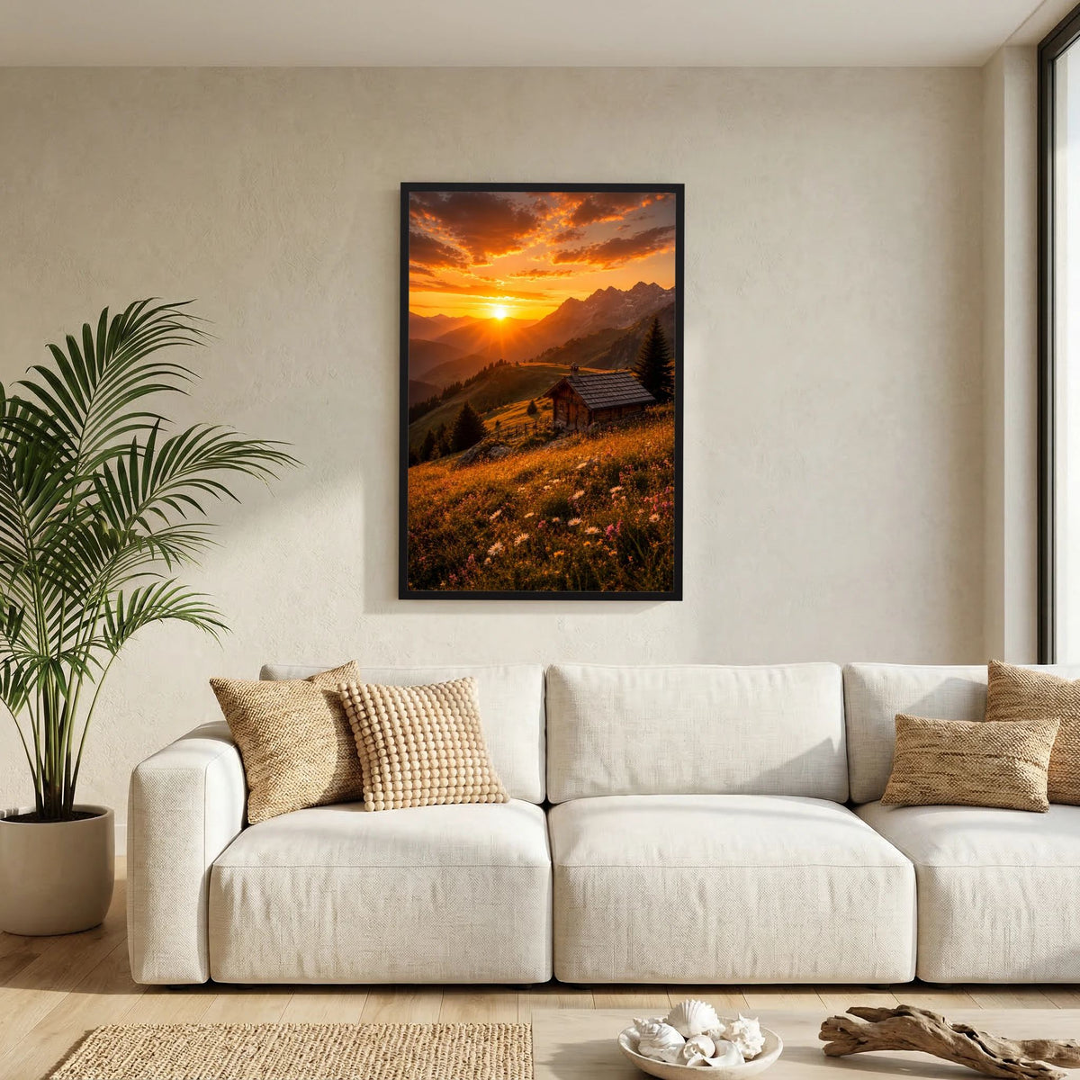 Wandposter im schwarzen Rahmen mit Sonnenuntergang in den Bergen und Berghütte auf einer Alpwiese