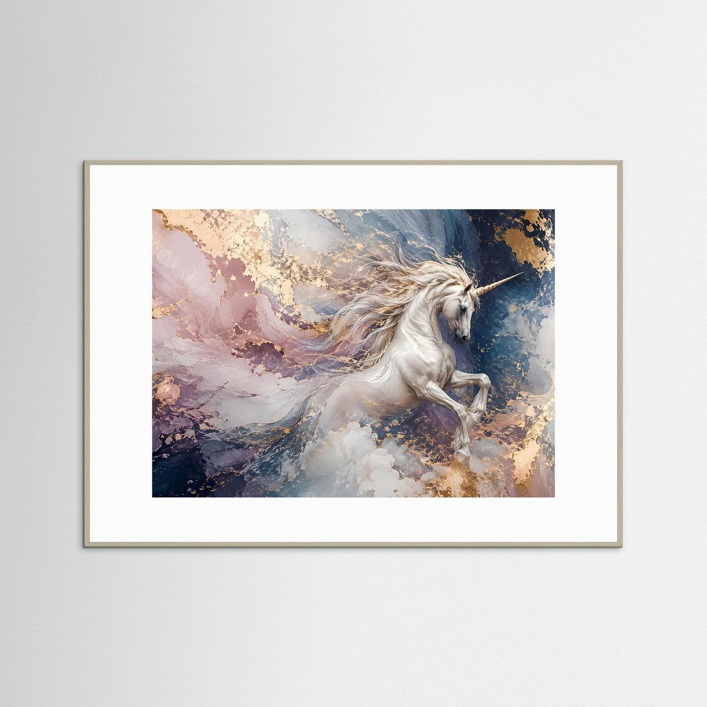 Weißes Einhorn in Gold & Pastell | Elegante Fantasy Kunst