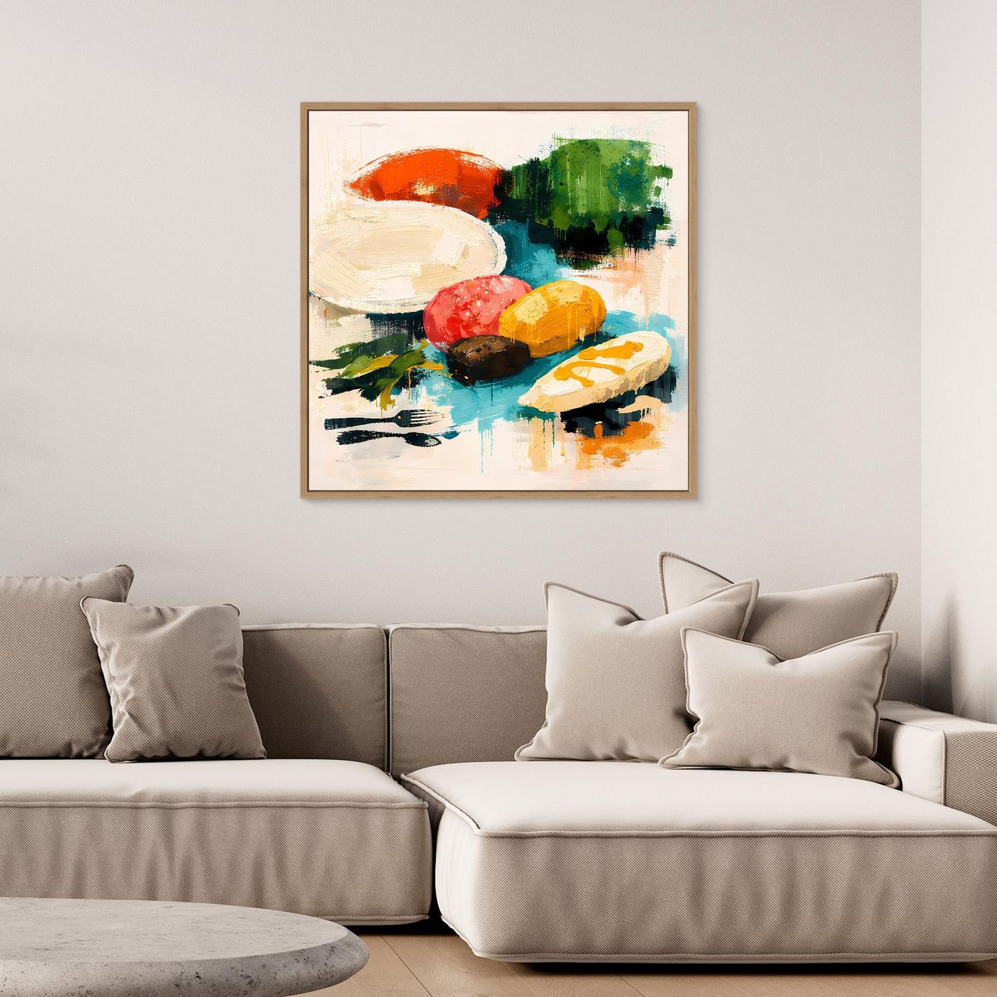 Abstraktes Wandbild mit farbigen Lebensmittel- und Dinner-Elementen, mit Holzrahmen
