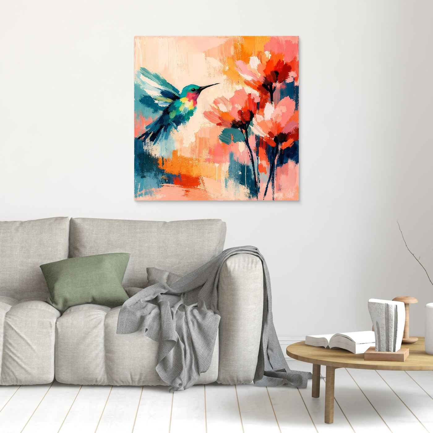 Small unframed abstract hummingbird and flowers wall art with colorful paint strokes
