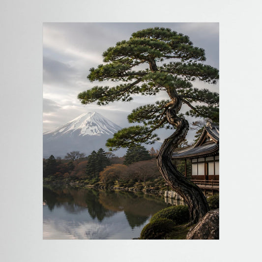 Japanisches Gartenposter im Hochformat: Kiefer, Tempel am See und Fuji im Hintergrund.