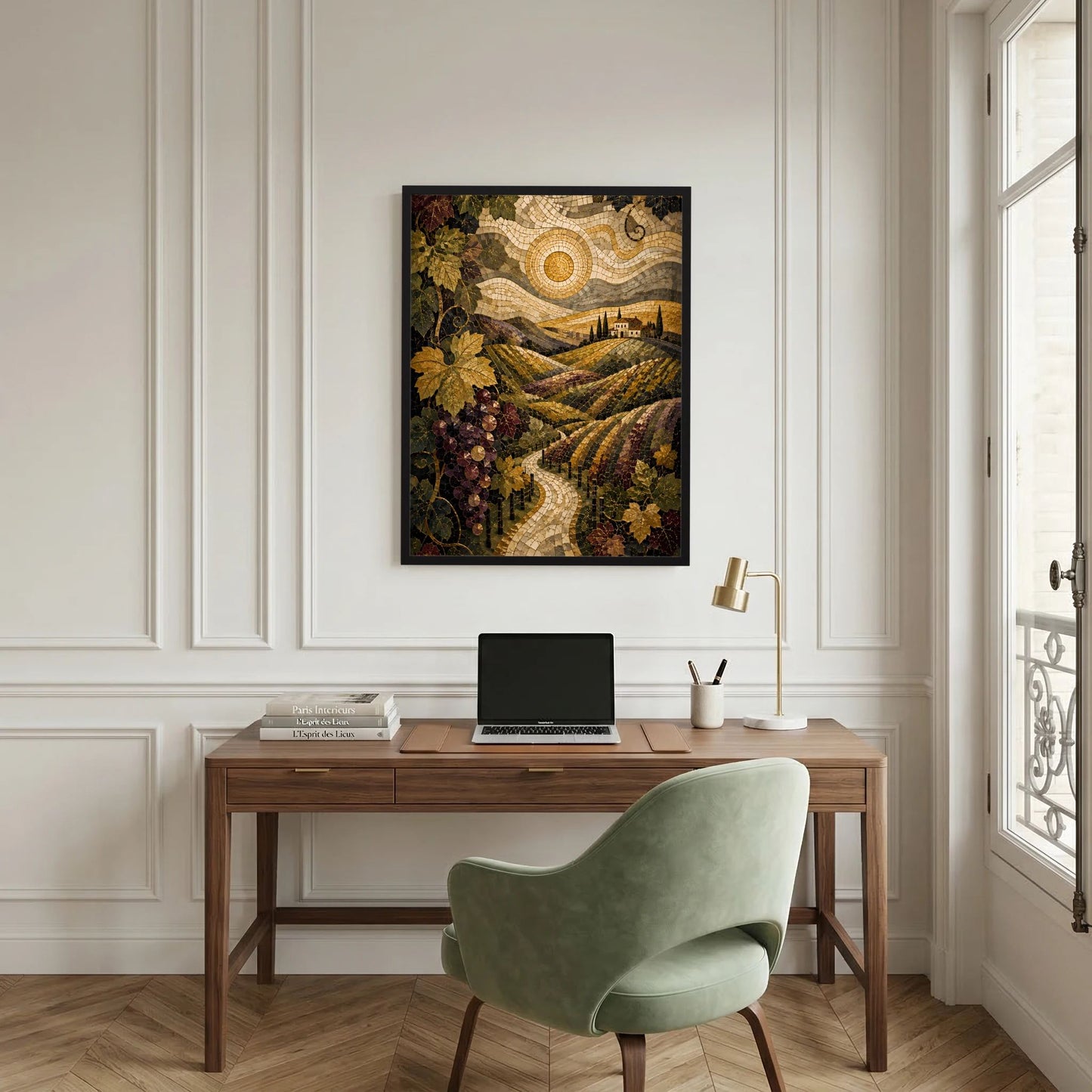 Poster im Flur über Konsole: mediterrane Weinlandschaft im Mosaiklook mit Goldsonne