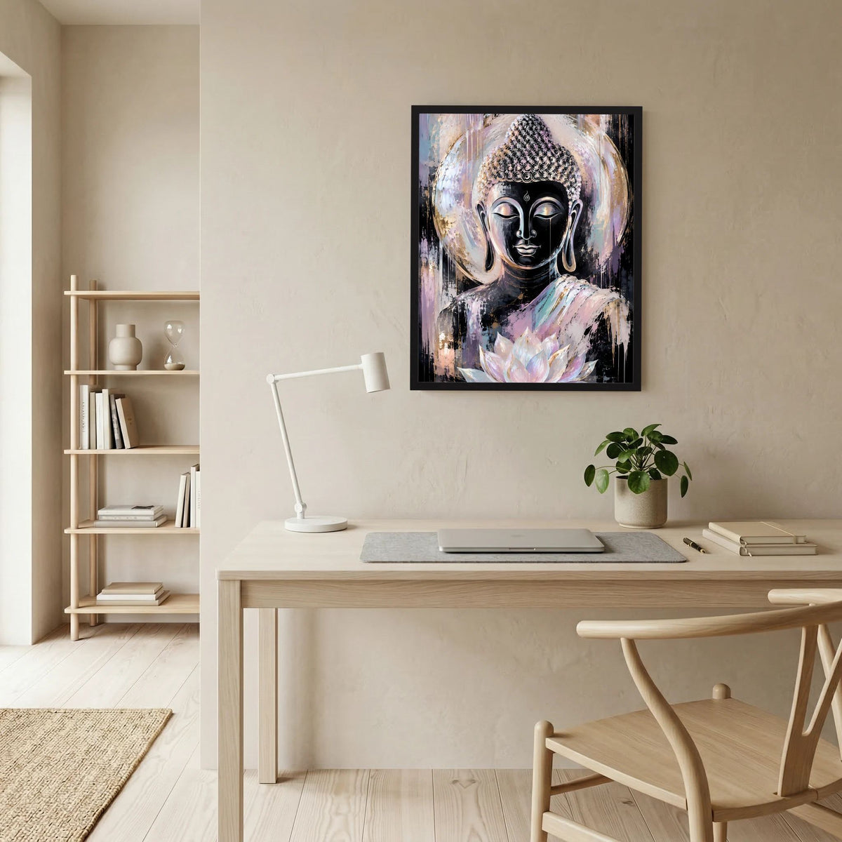 Buddha-Kunstposter mit Lotusblüte im schwarzen Rahmen an der Wand.