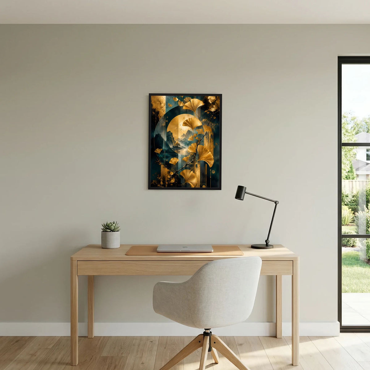 Gerahmtes Poster mit goldenen Ginkgo-Blättern und goldtürkiser, abstrakter Landschaft