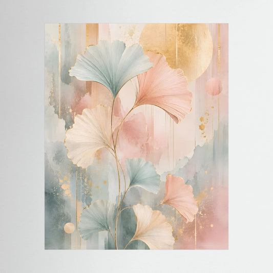 Hochformatiges Kunstposter mit zarten Ginkgo-Blättern in Pastellrosa, Salbeigrün und Gold