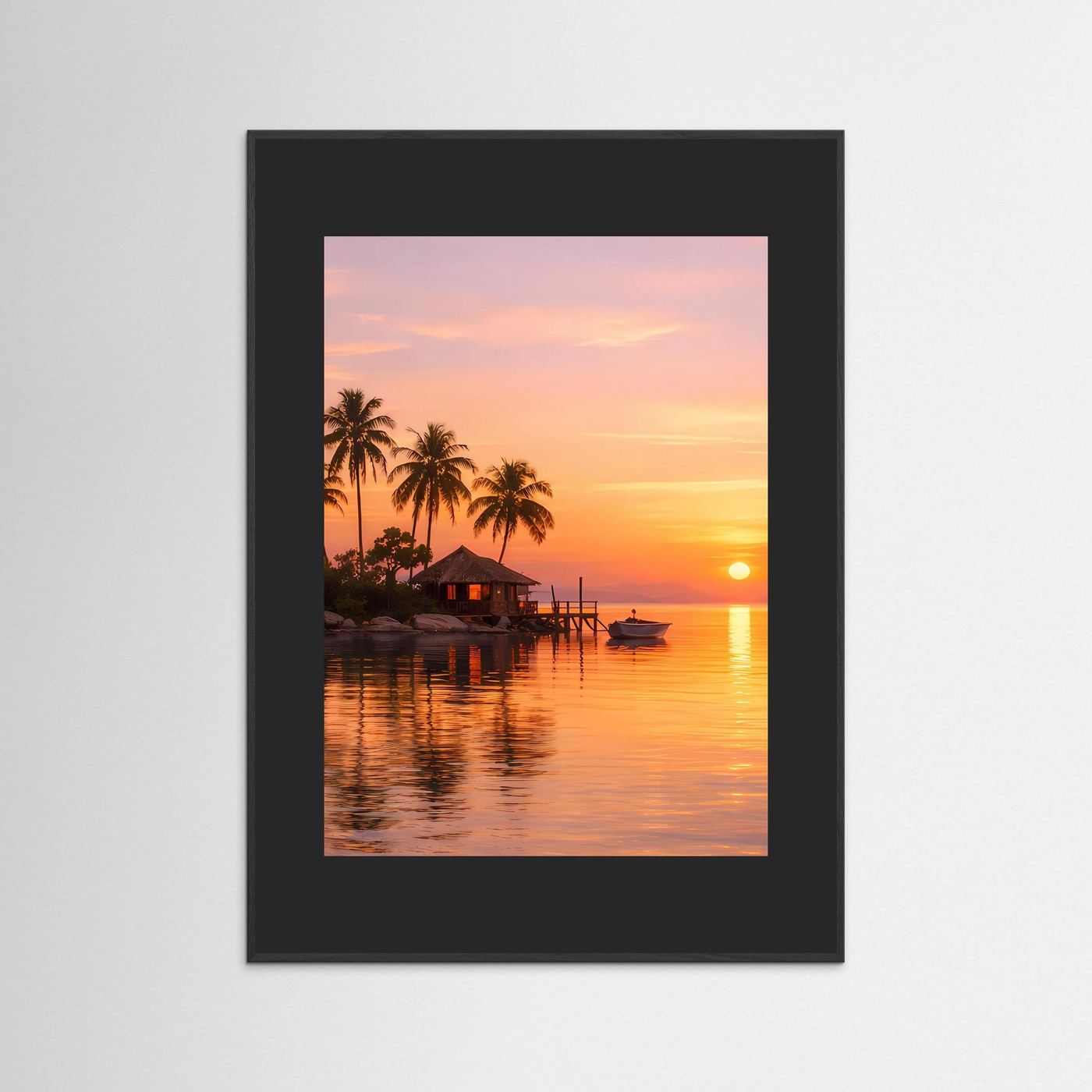 Poster mit tropischer Insel bei Sonnenuntergang, dunkelgraue Einfassung