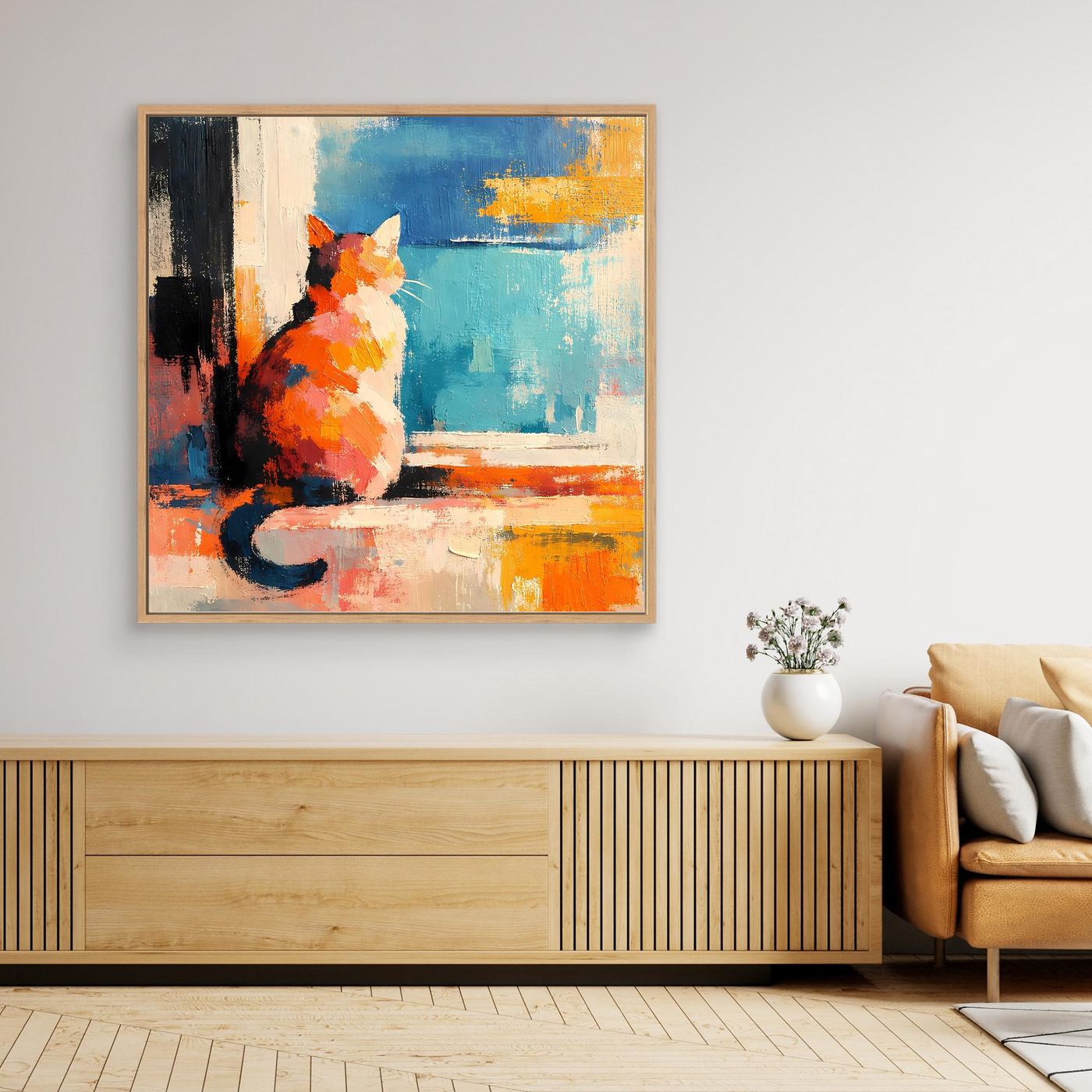 Oak-framed abstract cat wall art canvas, orange cat with blue and peach textured blocks