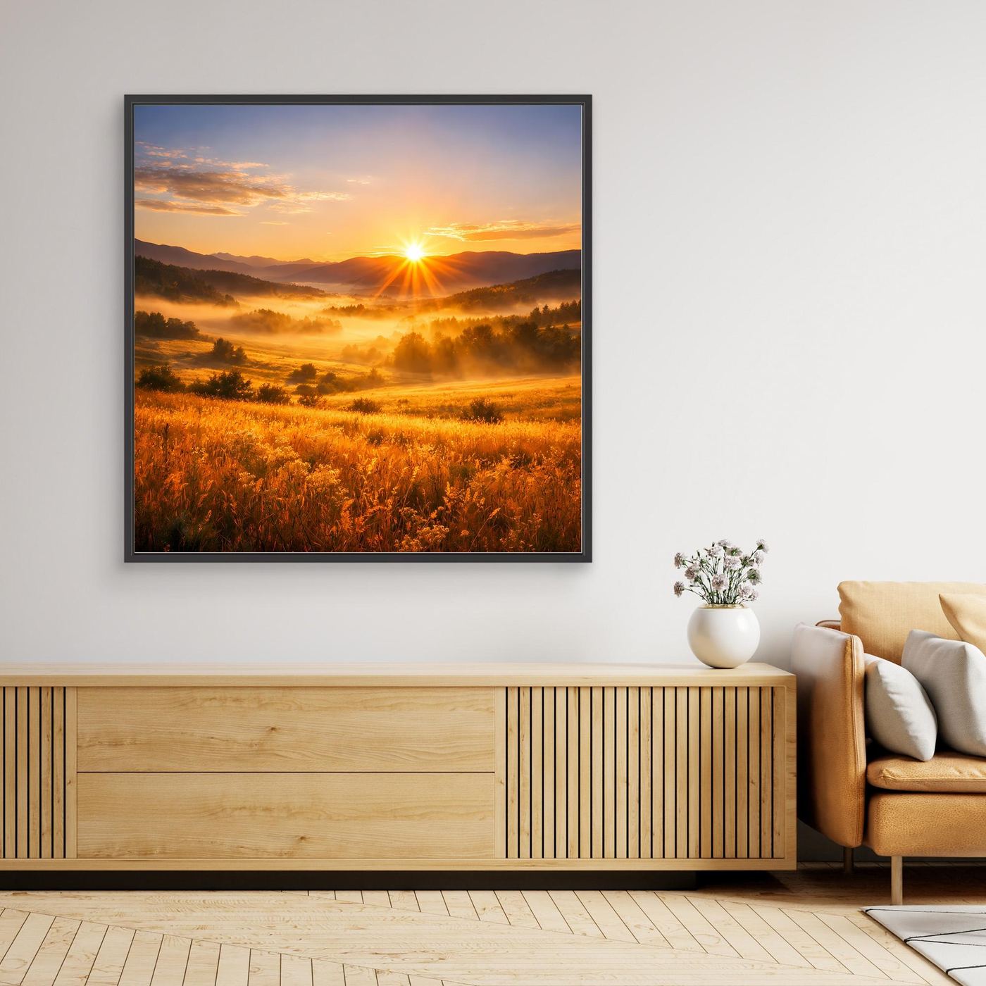 Gerahmtes Leinwandbild mit Sonnenaufgang über Bergtal, goldene Wiesen im Licht