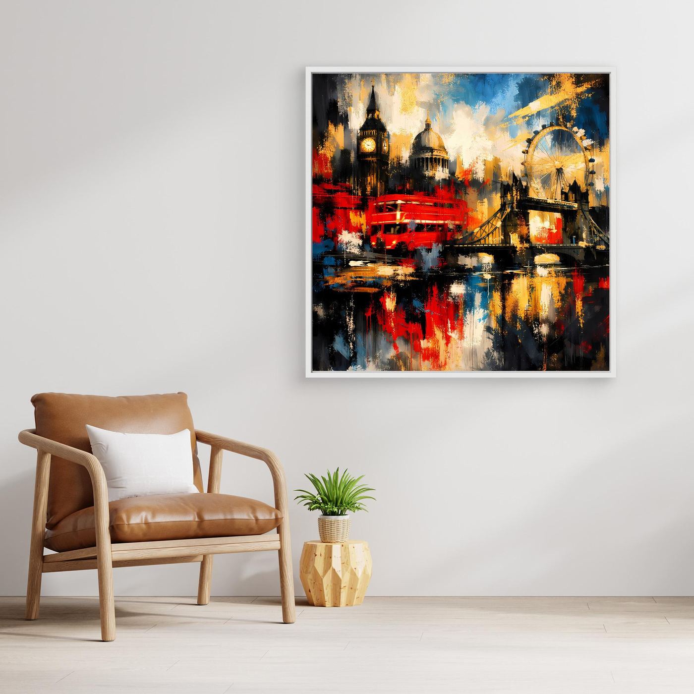 Abstraktes Leinwandbild London-Skyline, bunt mit rotem Boot und Brücke, dunkelgrauer Rahmen