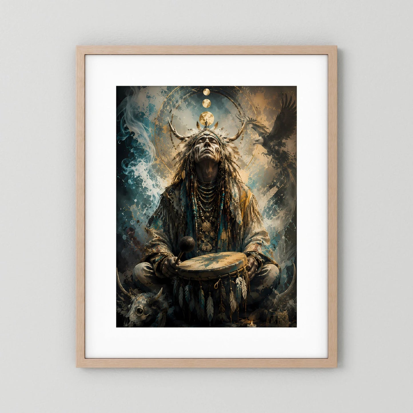 Hochformatiges Kunstposter: Schamane mit Trommel und Adler, gold-blau, helles Holzrahmen