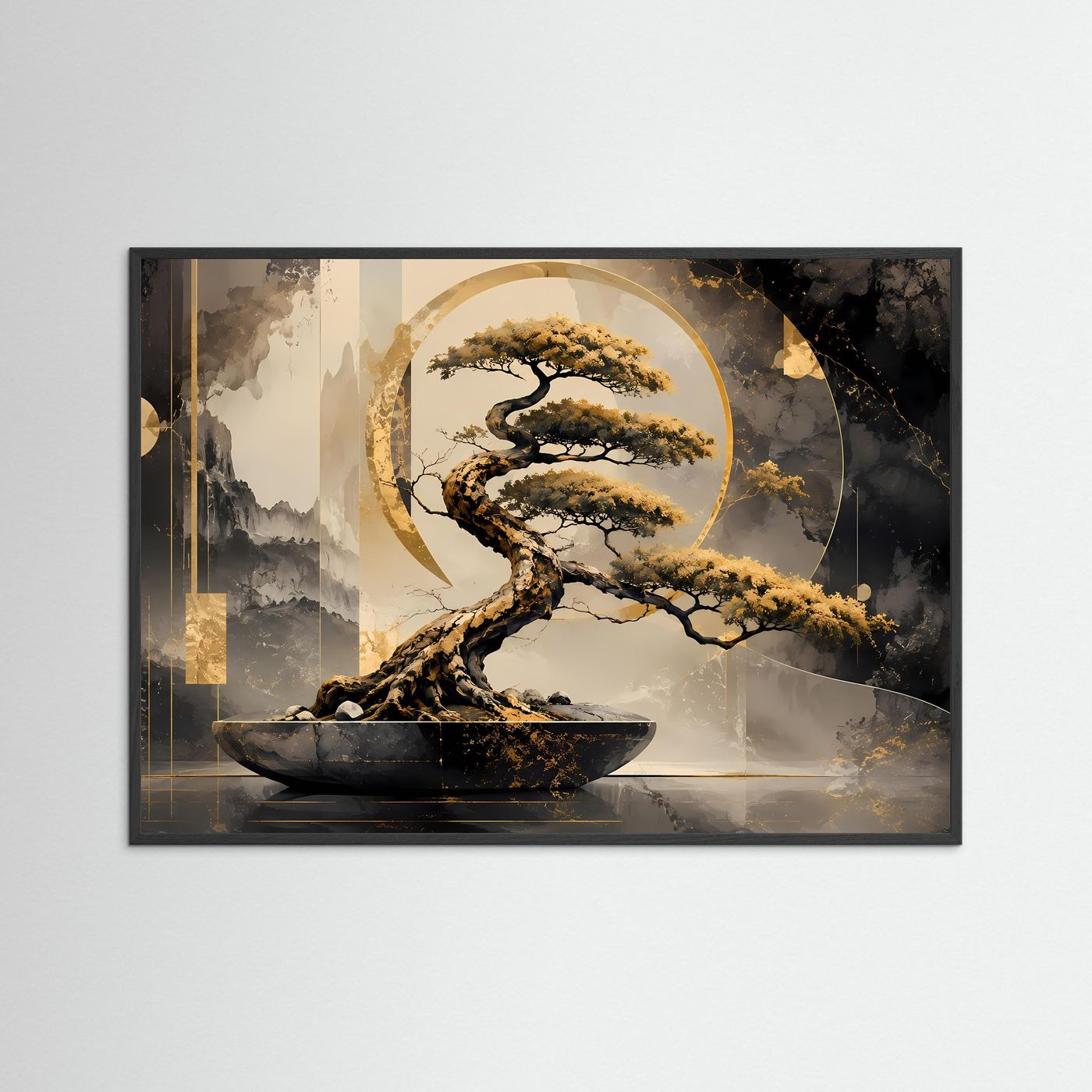 Goldener Bonsai – Zen Baum in Schwarz & Gold | Elegante abstrakte Wandkunst