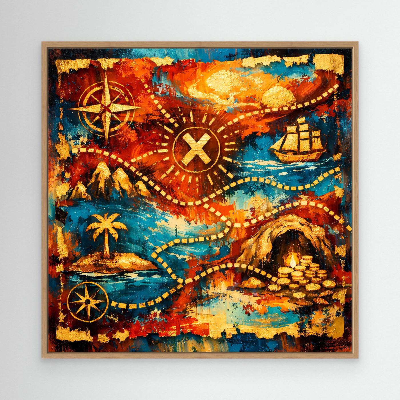 Leinwandbild mit Schatzkarte im Eichenrahmen: Kompassrose, X, Pfade, Schiff und Münzhöhle