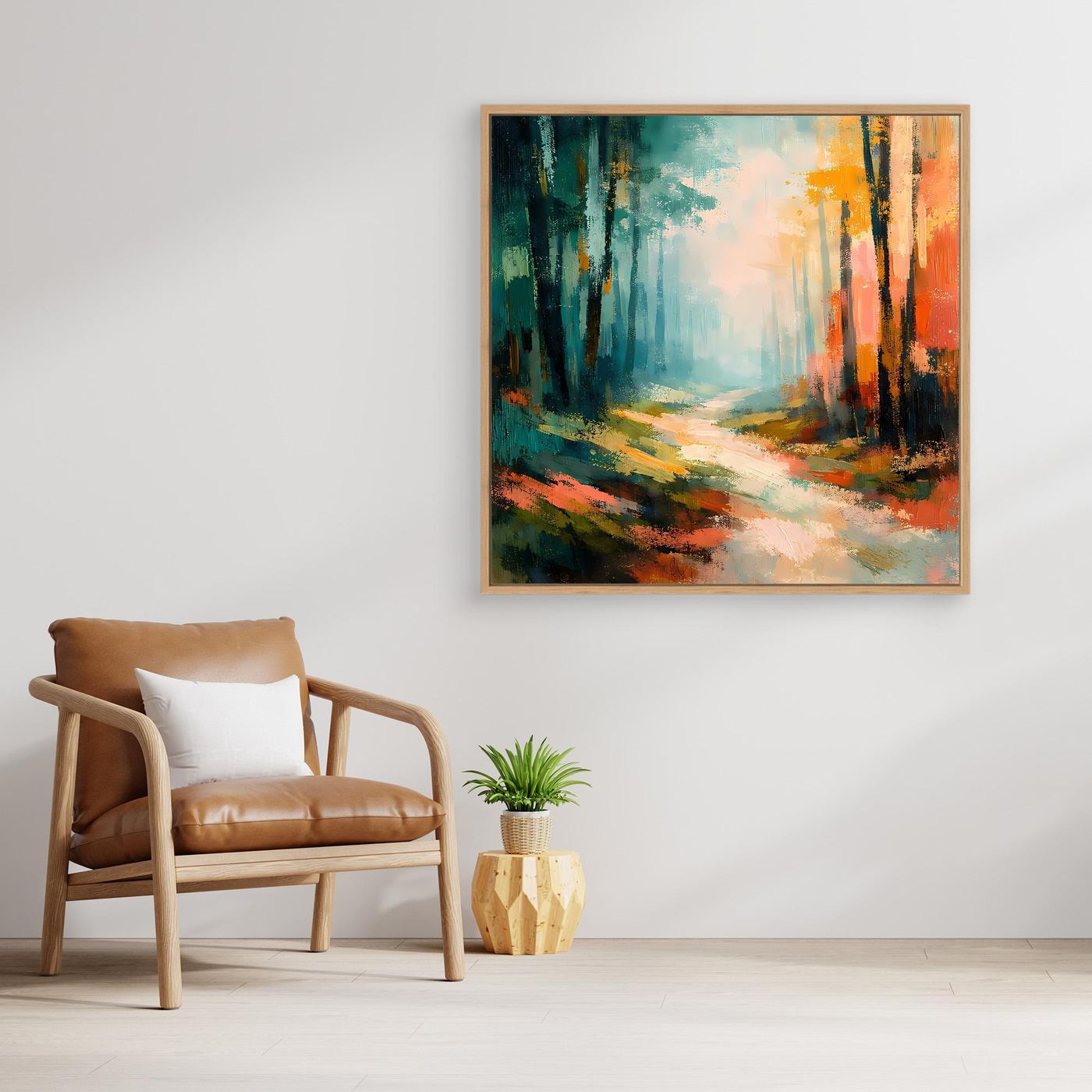 Leinwand-Wandbild mit abstraktem Waldweg im Herbst, mit goldfarbenem Rahmen