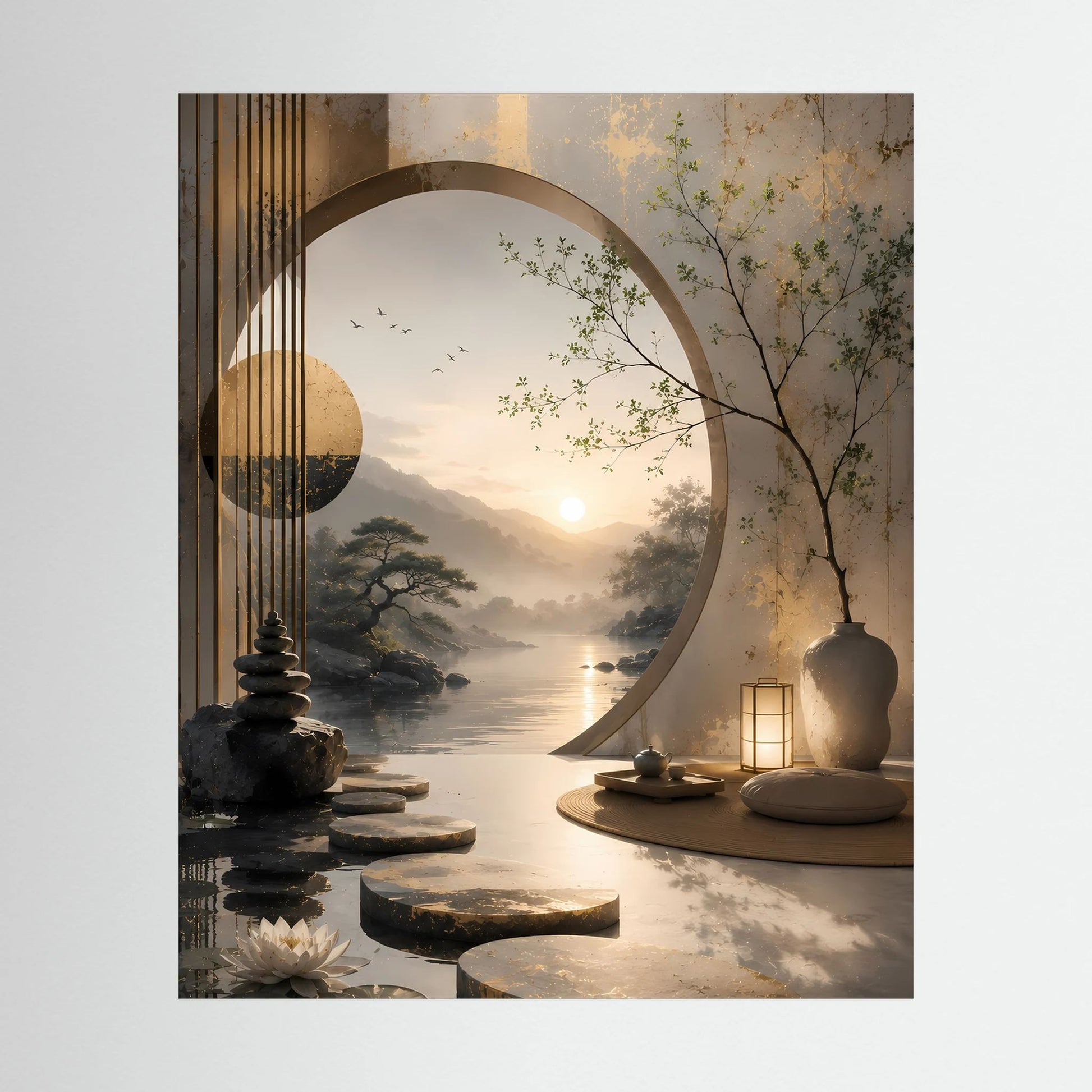 Hochformat-Poster mit asiatischer Zen-Landschaft, rundem Mond und Lotus am Wasser, ohne Rahmen