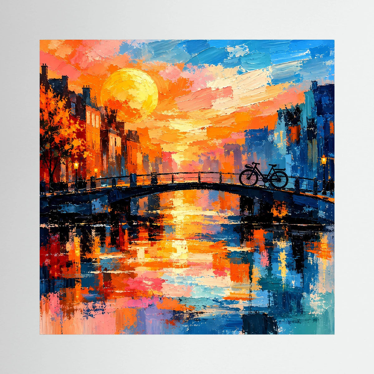 Leinwand Abstraktes Amsterdam Gemälde | Modernes Romantisches Grachten Wandbild mit Fahrrad