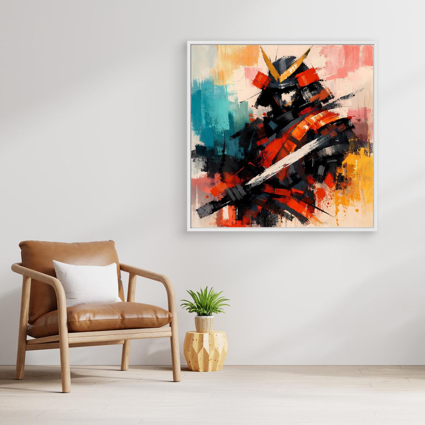 Leinwandbild mit Samurai-Krieger-Motiv, weißer Bilderrahmen