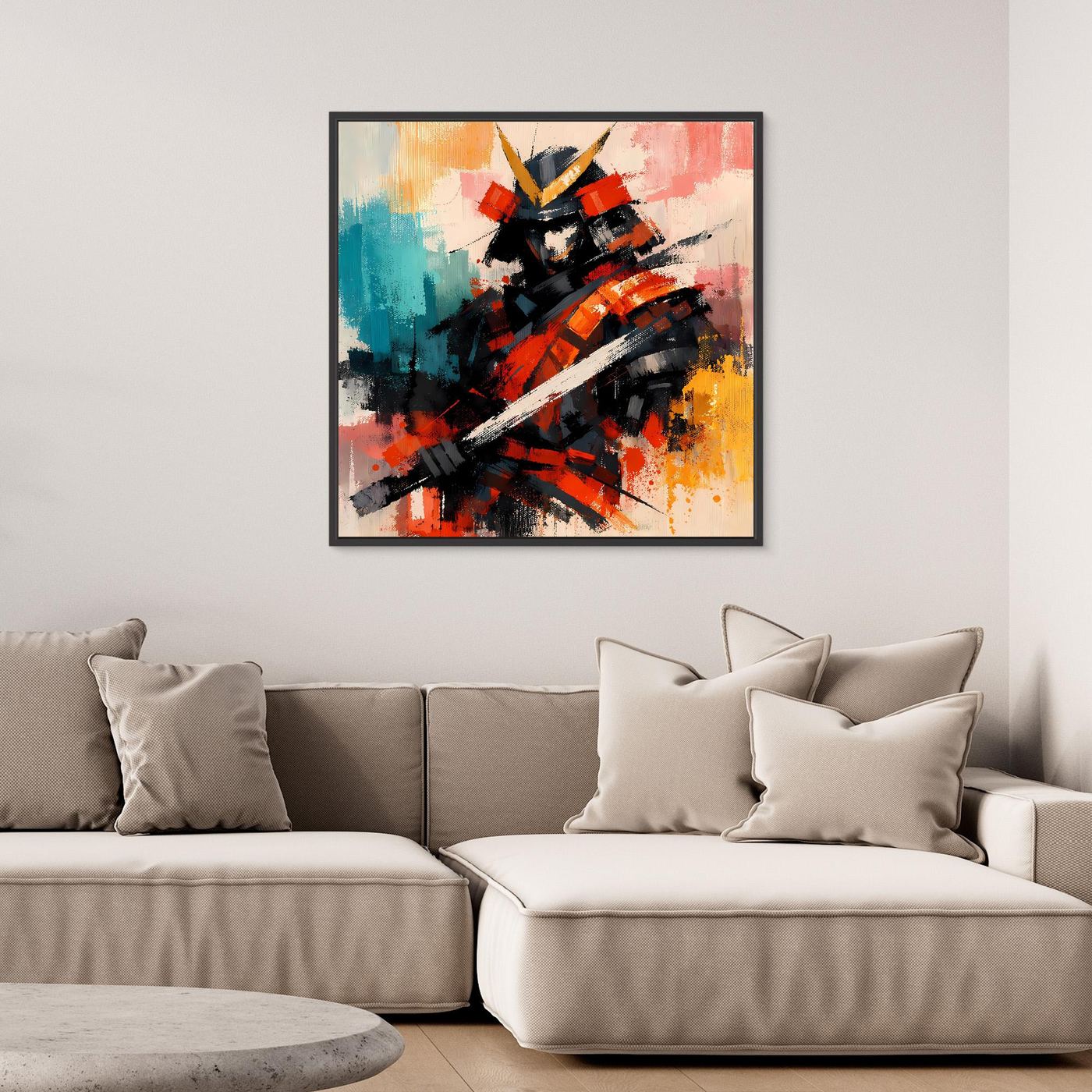Leinwandbild mit abstraktem Samurai-Krieger, schwarzer Rahmen