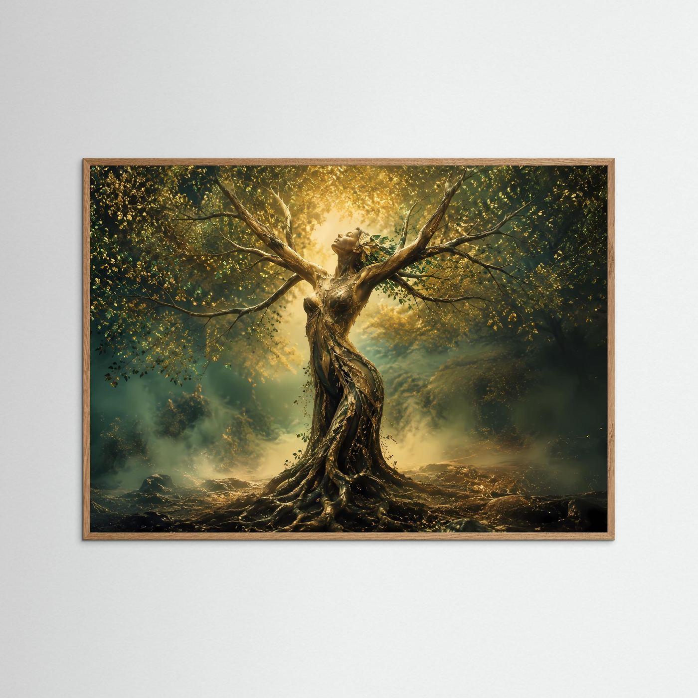 Göttin des Waldes | Mystischer Lebensbaum in Gold & Grün – Fantasy Wandkunst