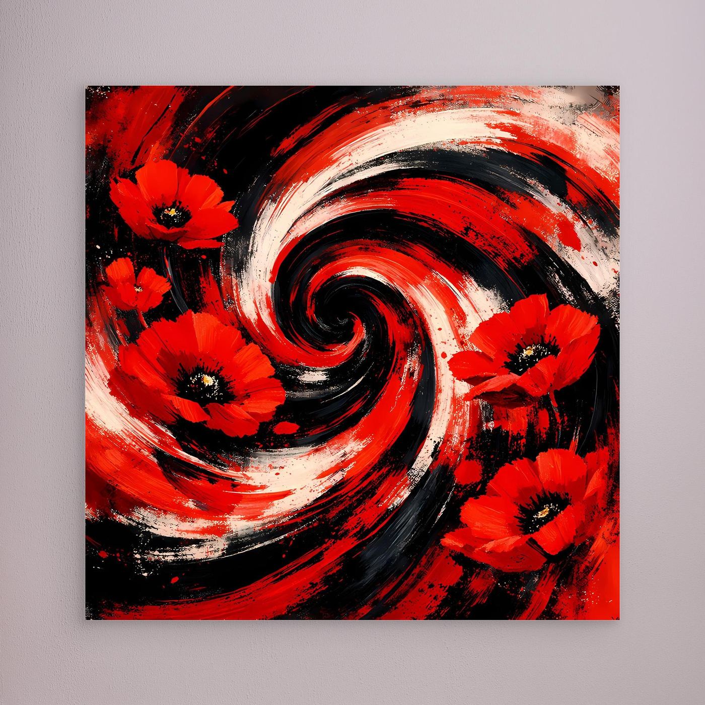 Quadratisches Leinwandbild mit roten Mohnblüten und schwarzen Wirbelstrichen