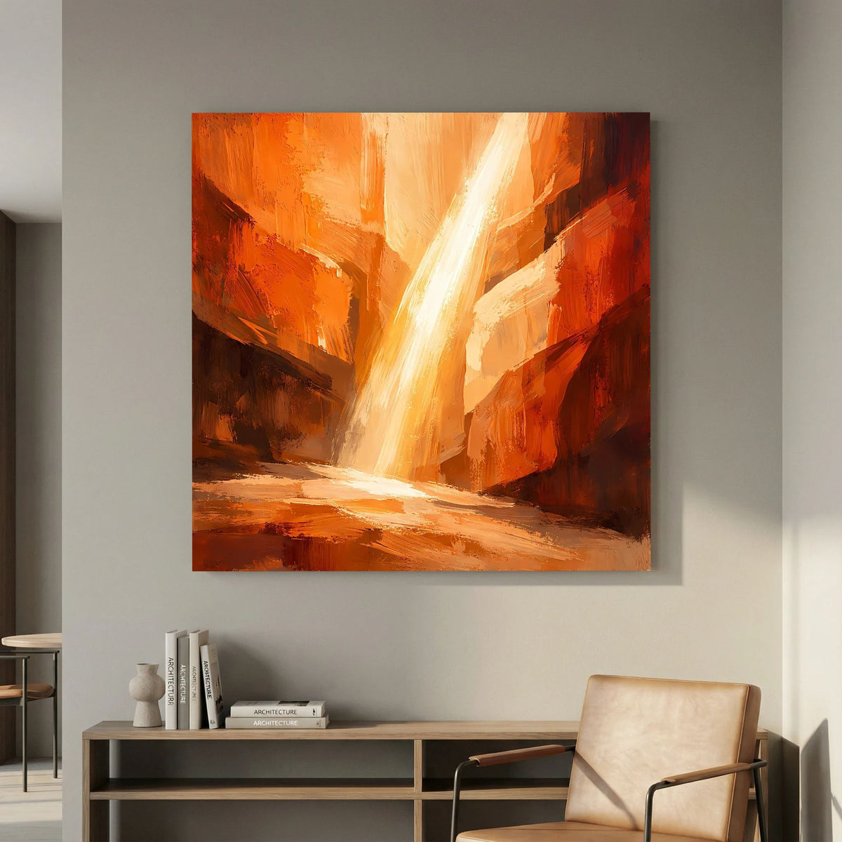 Gerahmtes Leinwandbild: Felsen im Orange-Rot, diagonaler Lichtstrahl