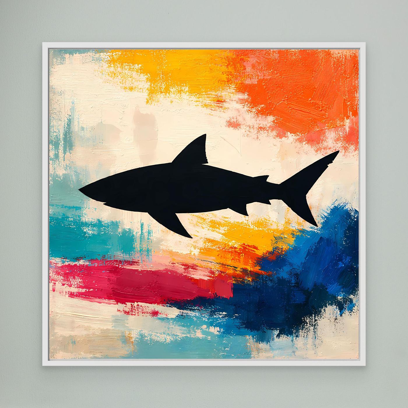 Leinwand Minimalistische Hai-Silhouette im Farbenmeer | Abstraktes Pop-Art Wandbild