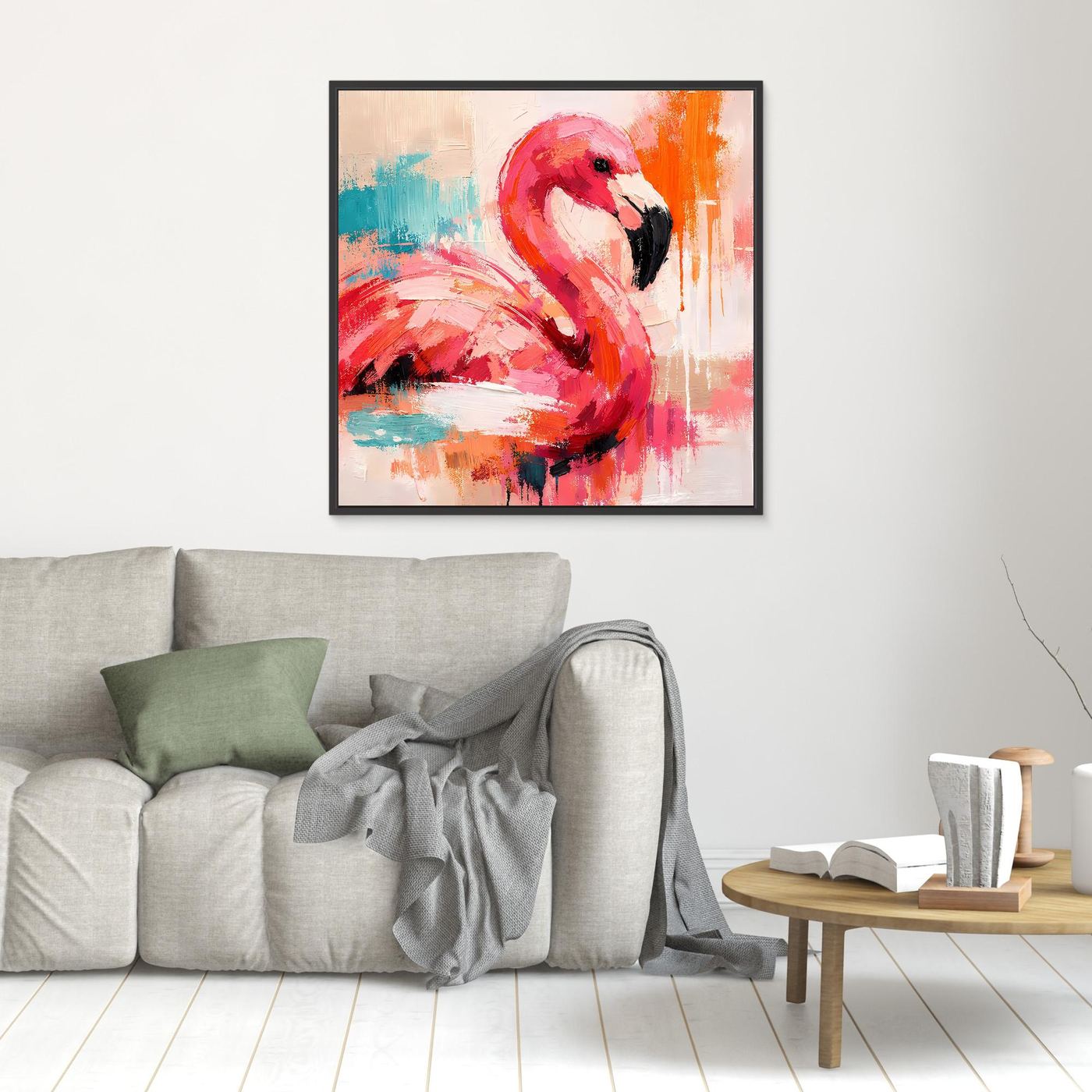Gerahmtes Leinwandbild mit abstraktem Flamingo, rot und orange, schwarzer Rahmen