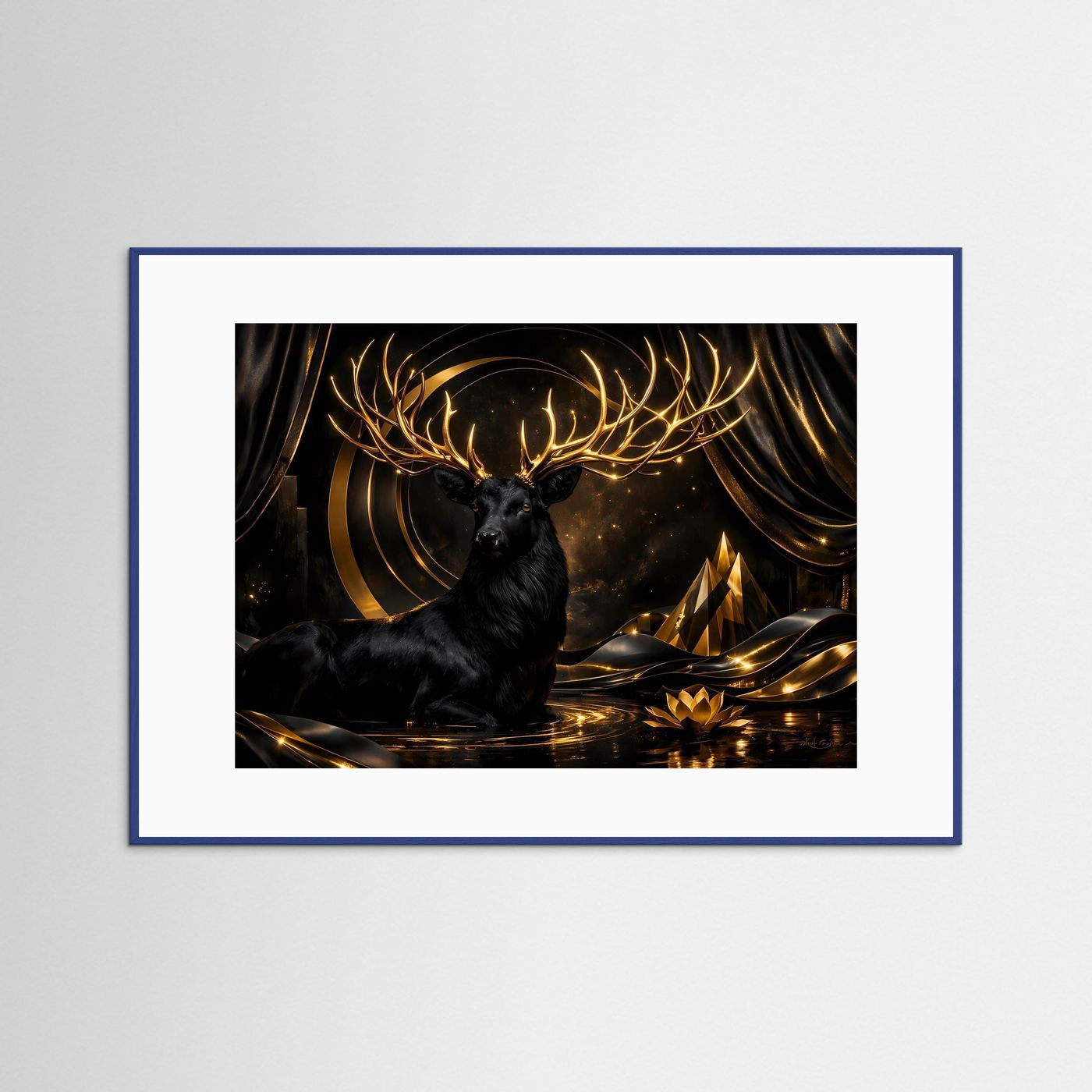 Poster Schwarzer Hirsch mit Goldenem Geweih | Majestätisches Abstraktes Wandbild