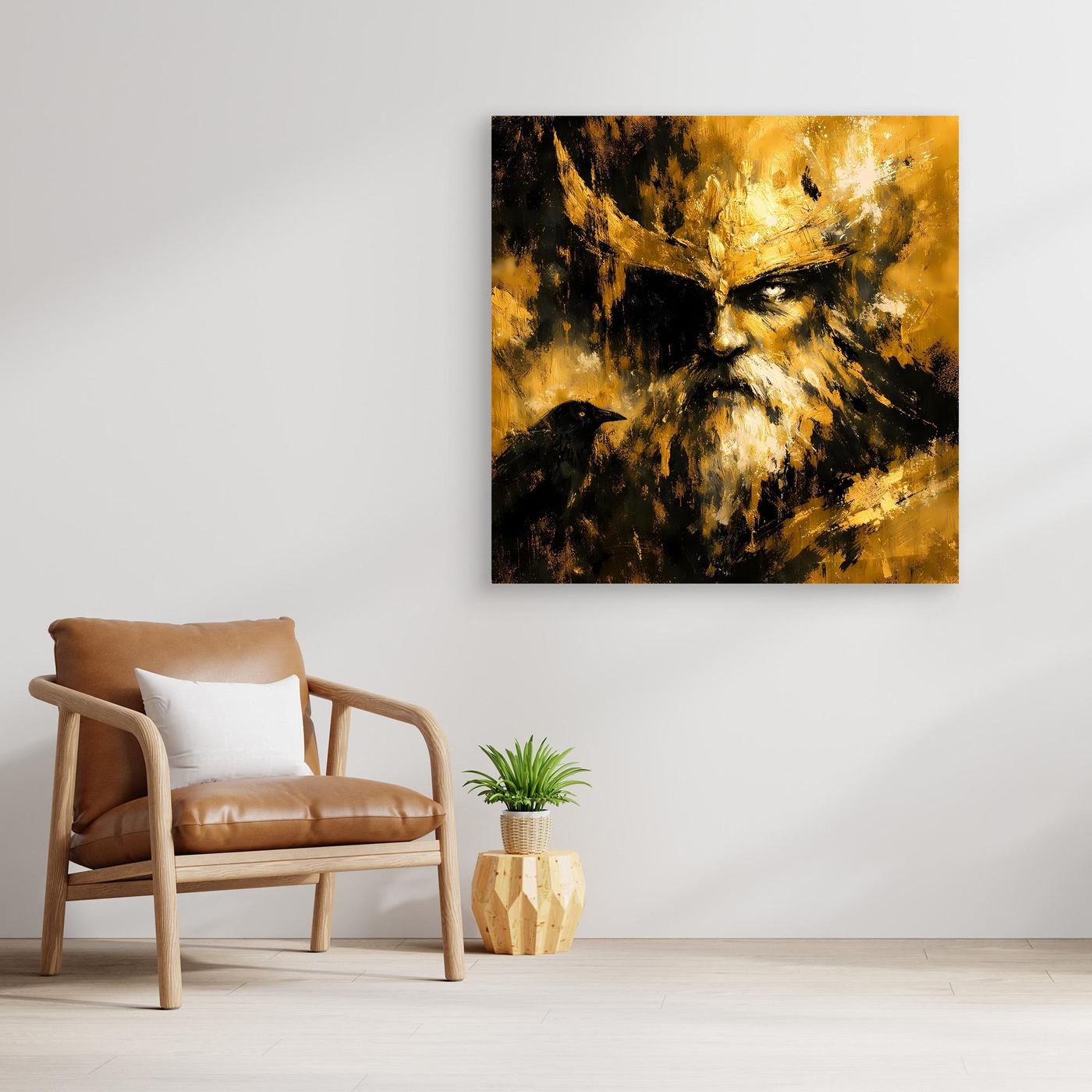 Leinwand Nordischer Gott Odin mit Rabe | Modernes Abstraktes Mythologie Wandbild