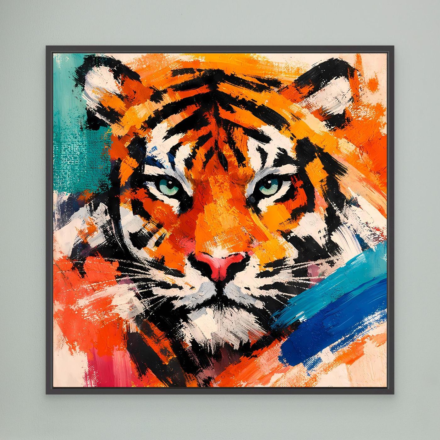 Abstract tiger canvas wall art with orange, teal, and white paints; black frame.