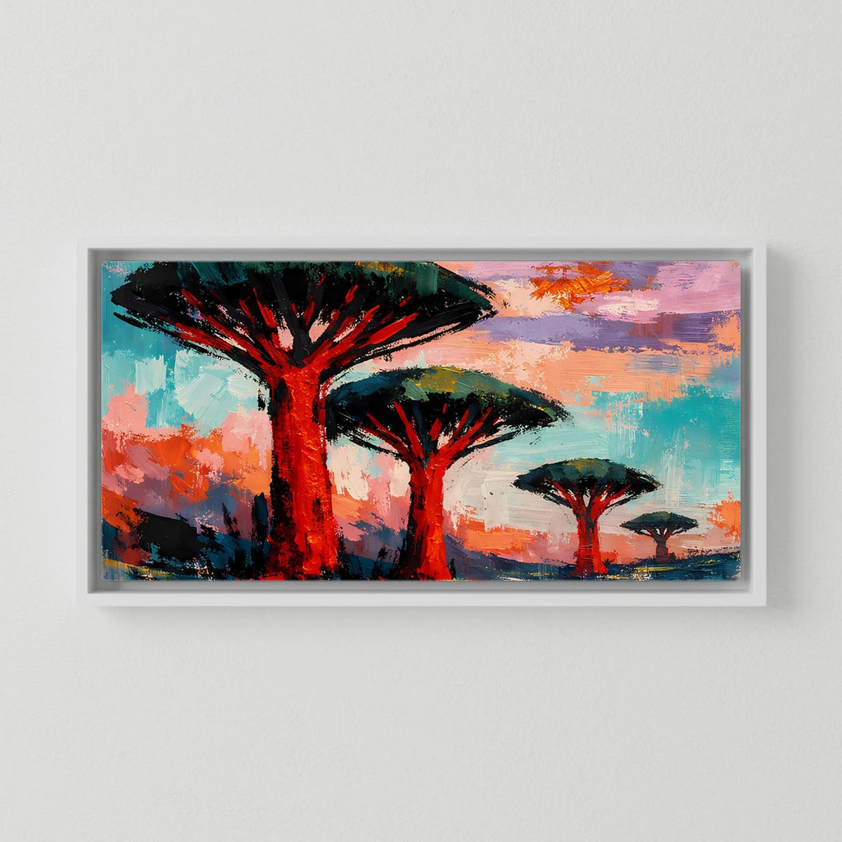 Gerahmtes Wandbild auf Leinwand: abstrakte Savannenbäume mit orangefarbener Sonne