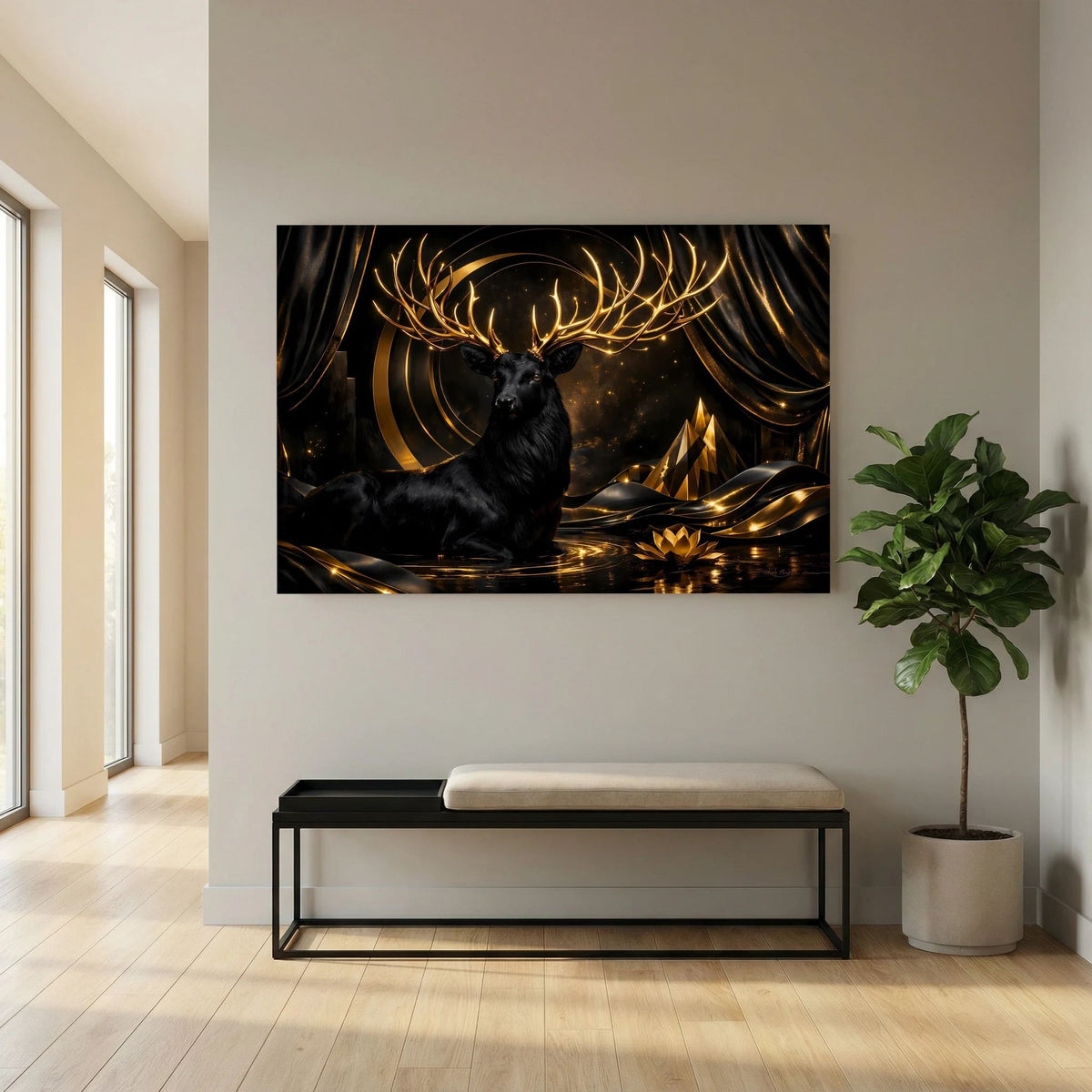 Wandposter im Querformat mit schwarzem Hirsch und goldenem Geweih, goldene Dekorlinien