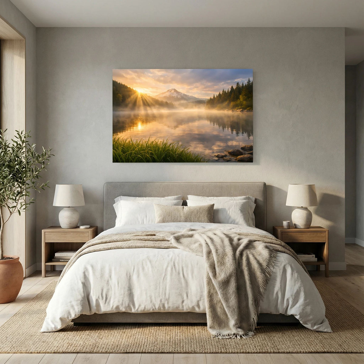 Poster im Querformat mit Bergsee, Nebel über dem Wasser und warmem Sonnenaufgang