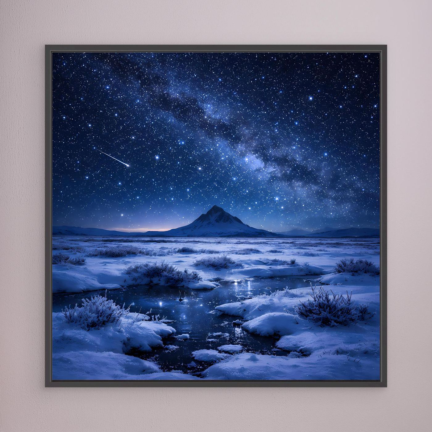 Leinwandbild Schneelandschaft mit Sternenhimmel, schwarzer Rahmen