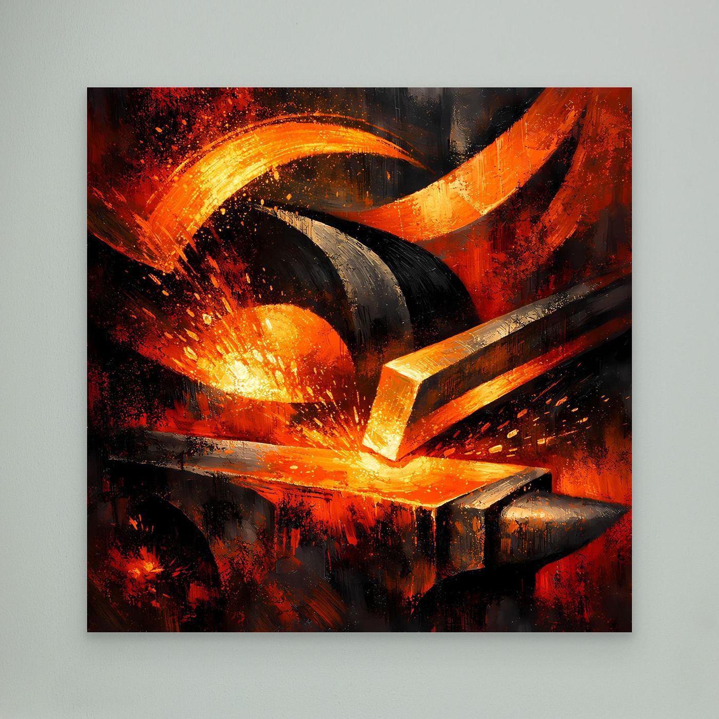 Abstraktes Leinwandbild mit Amboss und Hammer im Feuer, Funken in Rot-Orange-Schwarz