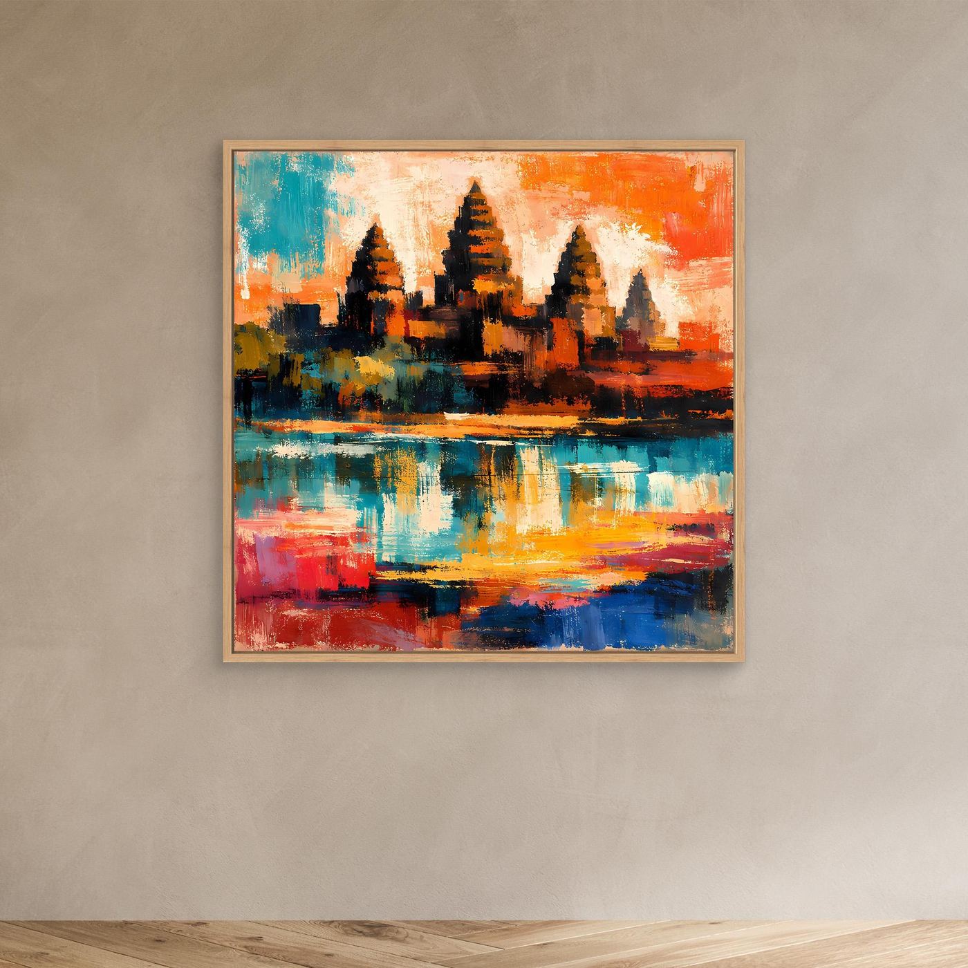 Leinwand-Wandbild mit Eichenrahmen, abstrakte Maya-Pyramide, Orange-Blau-Töne und Wasser-Spiegelung