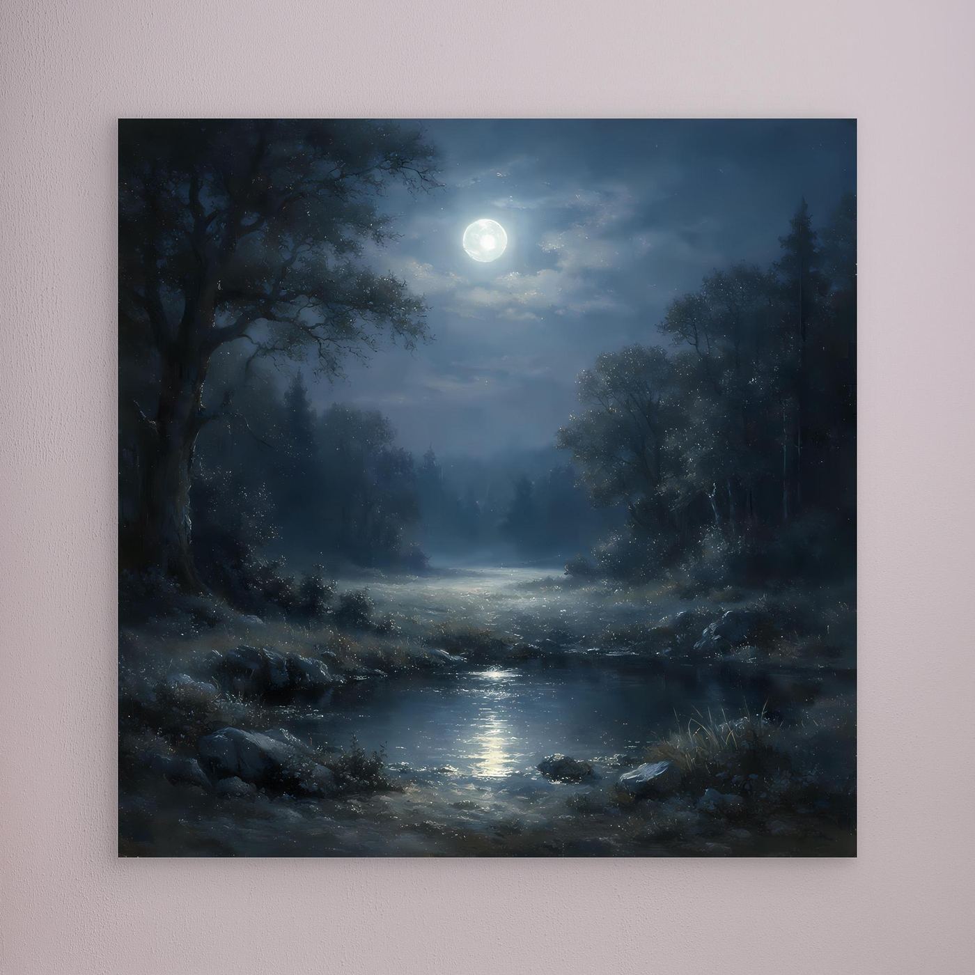 Leinwandbild mit Waldszene im Mondschein, sanfter Nebel über einem Fluss, Rahmen nicht sichtbar