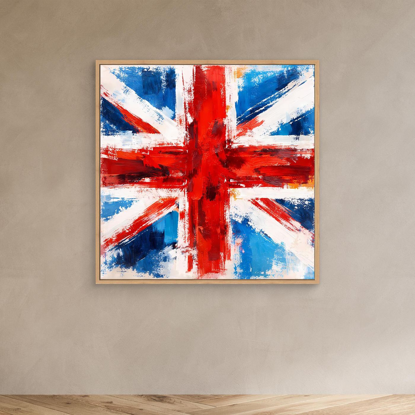 Abstract Union Jack canvas wall art with blue, red, and white brush strokes, oak frame