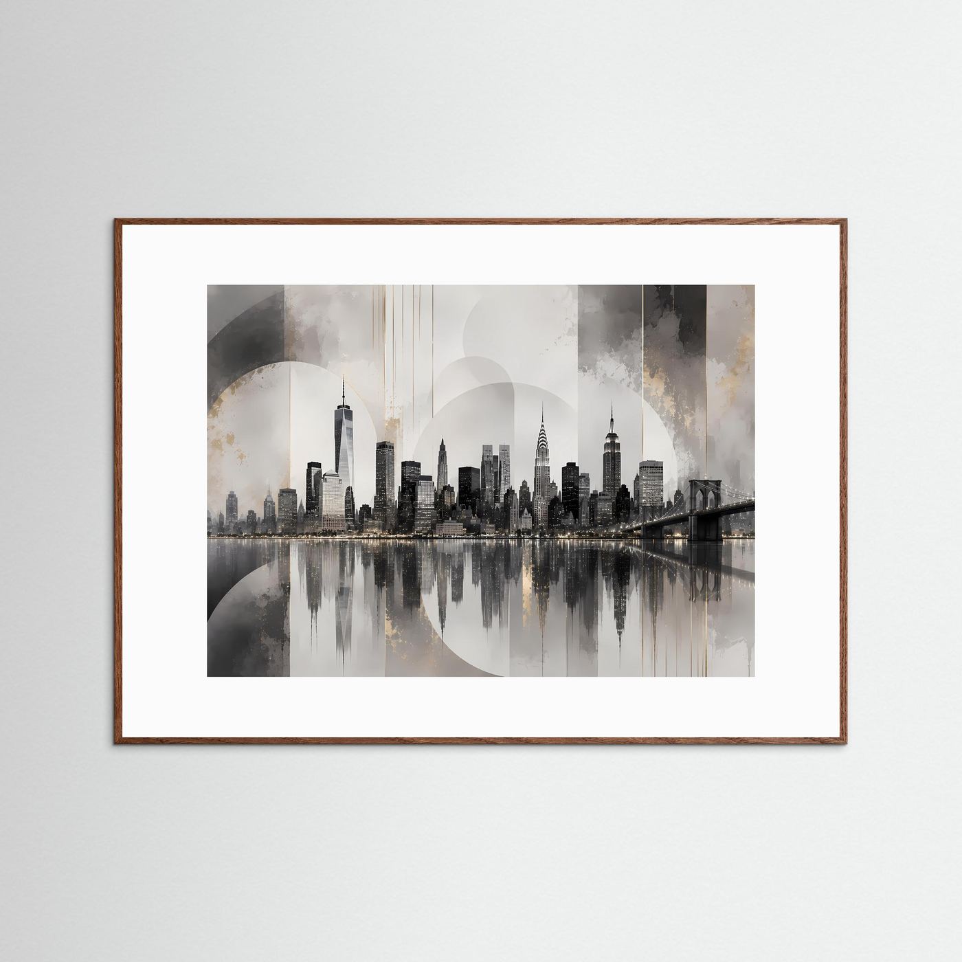 Poster im Querformat mit braunem Holzrahmen, abstrakte Skyline und Spiegelung im Wasser