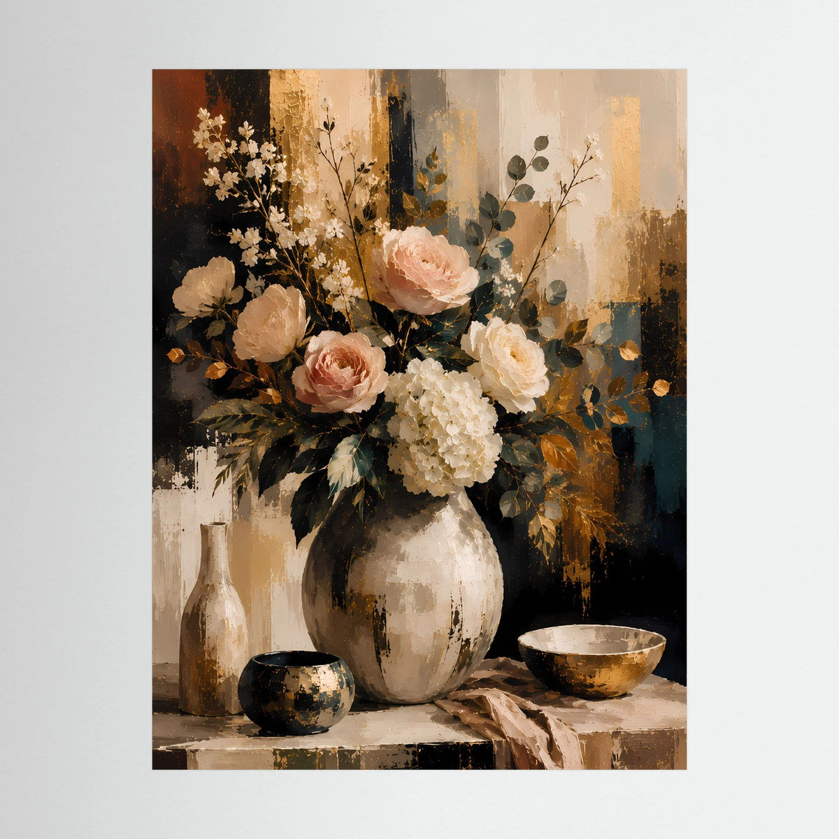 Detailansicht Blumenstillleben: Rosen und weiße Blüten in Vase, Poster