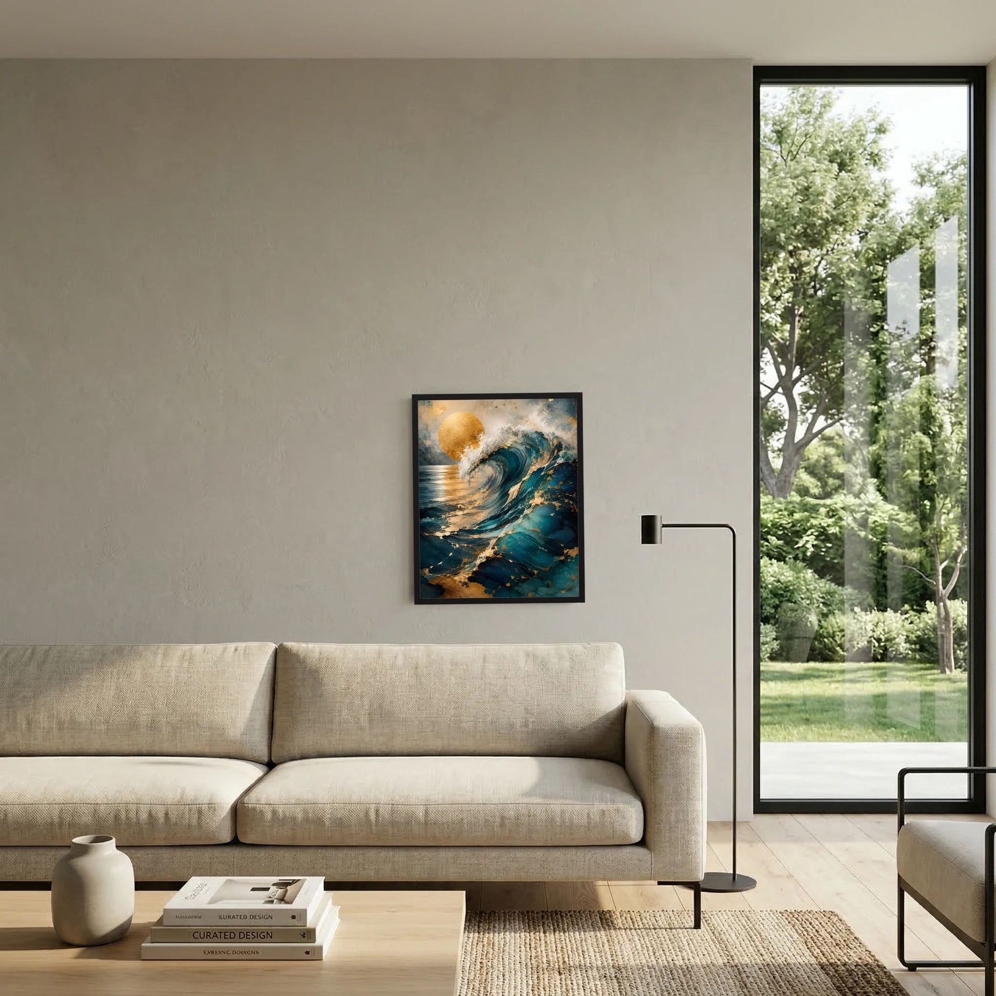 Kunstposter Hochformat mit abstrakter Meereswelle in Petrol und Türkis, im dunklen Rahmen