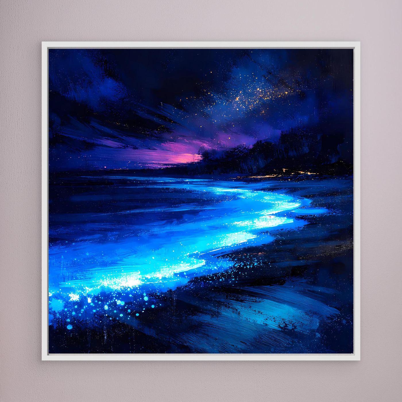 Leinwand Biolumineszierender Strand bei Nacht | Magische Wandkunst auf echter Leinwand