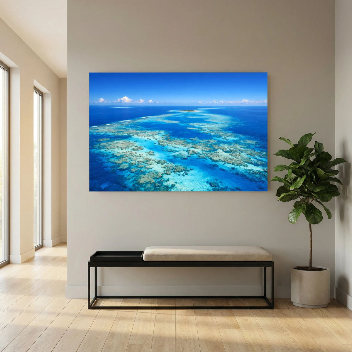 Wandbild Korallenmeer: türkisfarbenes Flachwasser-Riff, blaues Meer und Wolkenhimmel