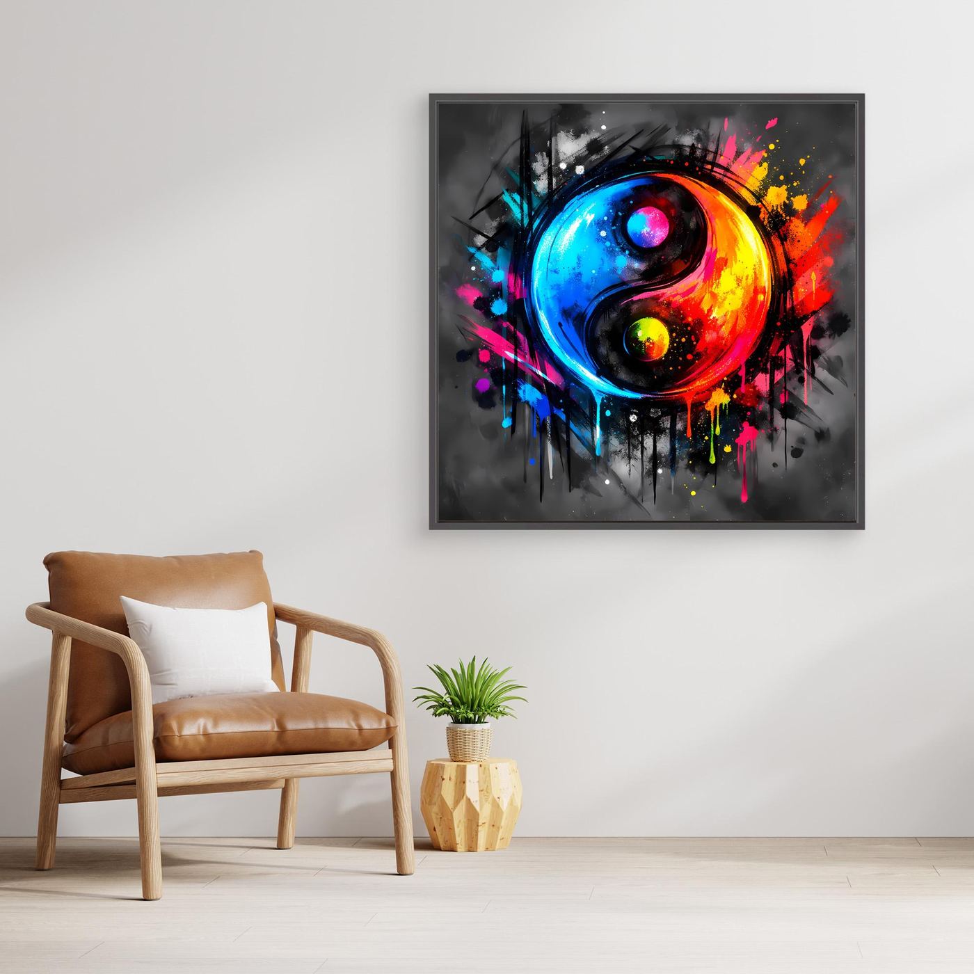 Leinwandbild Yin-Yang abstrakt, bunte Spritzer und Kreisornament, dunkler Rahmen