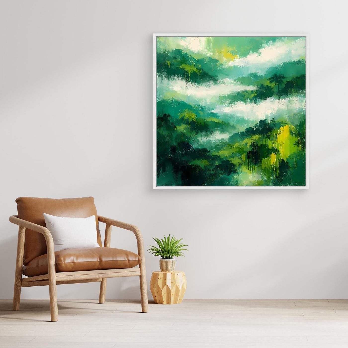 Quadratisches Leinwand-Wandbild mit Regenwald-Nebel, weiß eingefasst